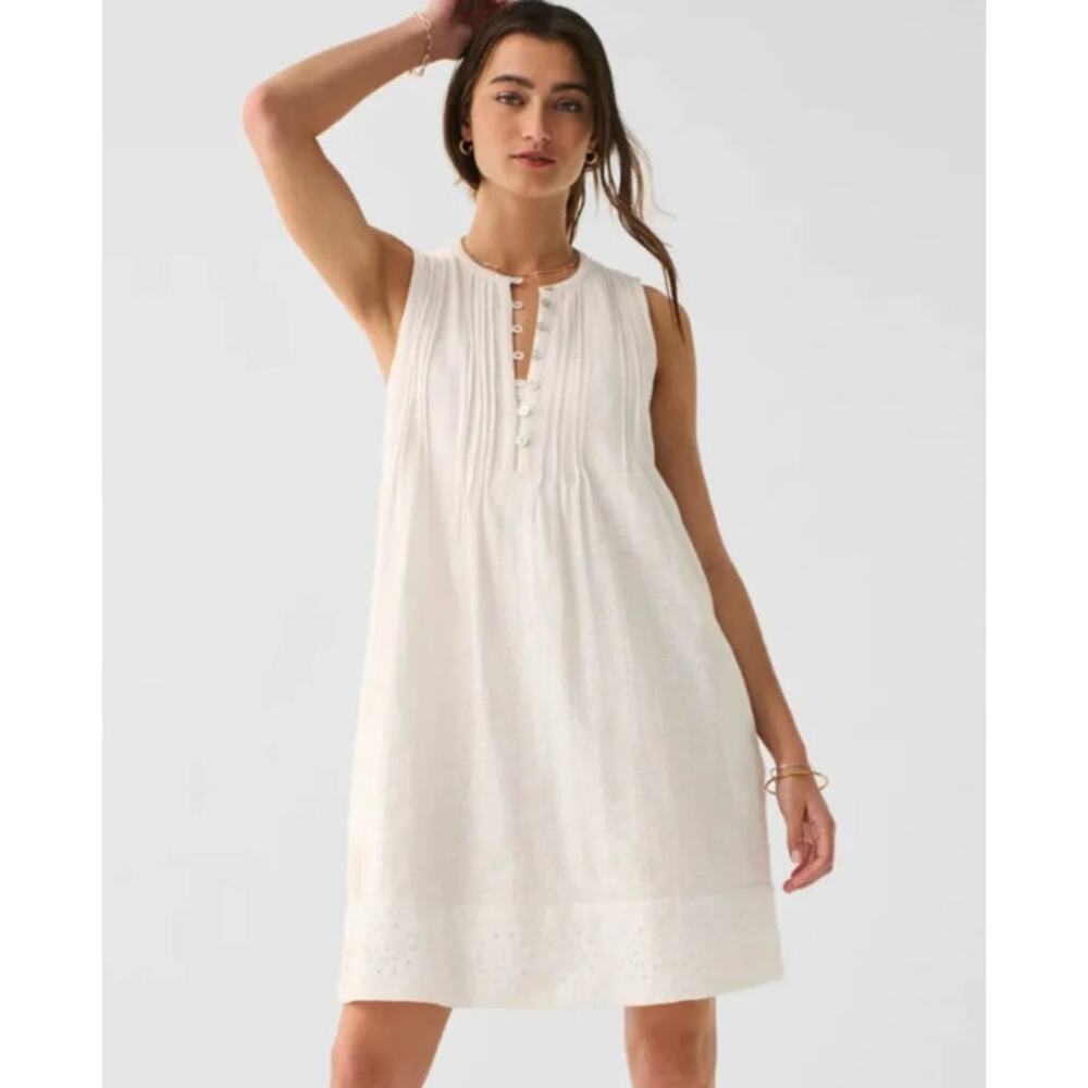 Faherty Isha Mini Dress Button Front Pleated Pintuck Sleeveless Boho Cottagecore - Picture 13 of 14